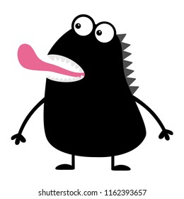 Cute black silhouette monster icon. Happy Halloween. Cartoon colorful scary funny character. Eyes, mouth showing tongue. Funny baby collection White background Isolated Flat design Vector illustration