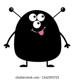 Cute black silhouette monster icon. Happy Halloween. Cartoon colorful scary funny character. Eyes, ears antenna, mouth, tongue. Funny baby collection. White background. Flat design Vector illustration