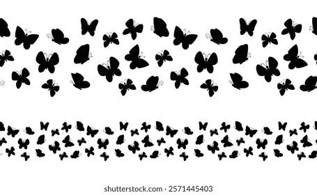 Cute black silhouette of spring or summer butterflies seamless border isolated on white background. Summer flying insects design element. 