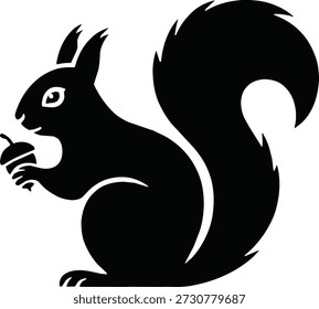 Cute black silhouette of a squirrel holding a nut in side view. Clean vector isolated on white background, ideal for woodland, autumn, and wildlife illustrations.