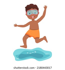 Cute Black Skin Kid Spending Holidays In Seaside Or Swimming Pool. Boy With Swimming Mask.Colorful Summer Illustrations. Child In Swimsuit Jumping Into Water. Happy Vacation