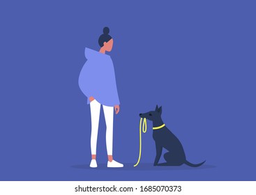 Cute black skinny puppy insisting on a walk, domestic life, young female owner with their dog