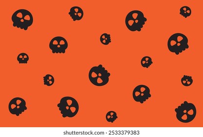 Cute black skull on orange background, Halloween wallpaper.