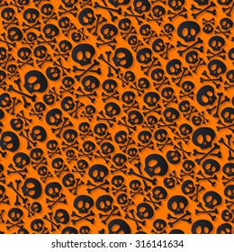 Cute black skulls and crossbones seamless pattern. Halloween background vector illustration. Orange back.