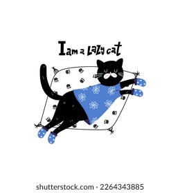 Cute black sleeping cat in blue pajamas and text - I am a lazy cat  isolated on white background. Suitable for print on t shirt or card