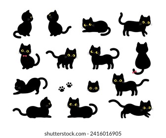 cute black small cats vector set