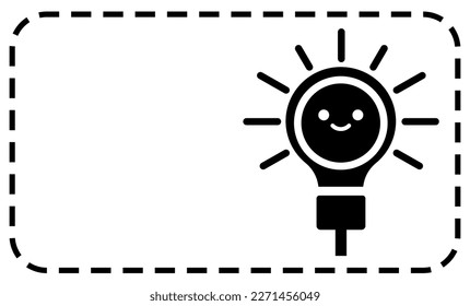 Icono de vector de bombilla de sonrisa negra en forma rectangular negra con línea de puntos, bombilla de luz. Simple ilustración de plantilla para medios sociales.