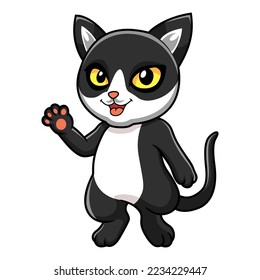 Cute black smoke cat cartoon waving hand