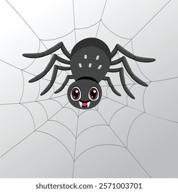 Cute black spider with big eyes hanging on spiderweb