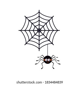 Cute black spider hanging on a string with cobwebs icon isolated on white background. Funny monster character for the elements of designs to celebrate Halloween party. Flat design vector illustration.