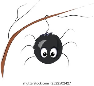 Cute black spider hangs on a spider web isolated on white background. Vector illustration EPS 10