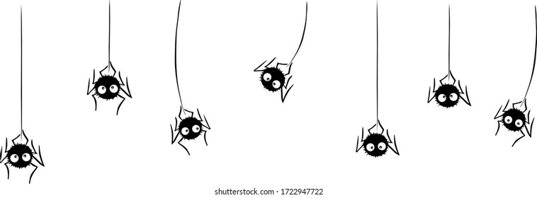 Las arañas negras se deslizan y se balancean en la tela. Dibujado a mano. Marco de fondo vectorial de Halloween
