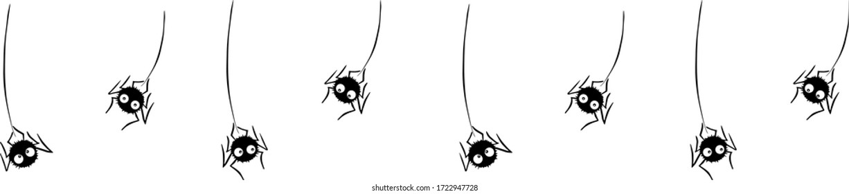 Cute black spiders dangle and swing on the web. Hand drawn. Halloween vector background frame