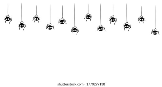 Cute black spiders dangle and swing on the web. Hand drawn, isolated, seamless pattern of border. Halloween vector background and frame