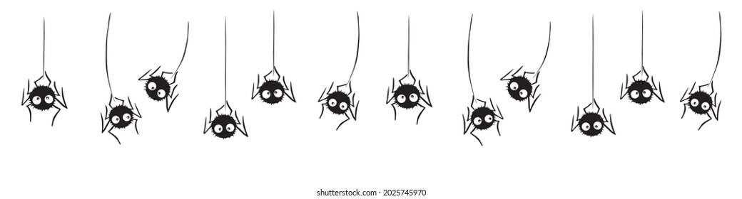 Cute black spiders dangle and swing on the web. Hand drawn, isolated, seamless pattern of border. Halloween vector background and frame