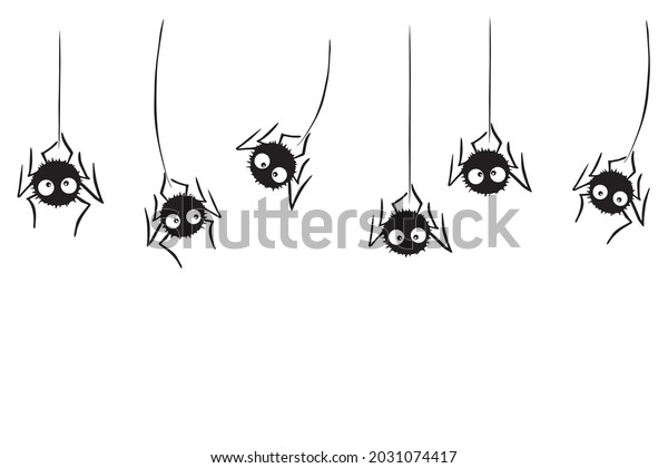 Cute black spiders hanging and\
swing on the web. Hand drawn, isolated, seamless pattern of border.\
Vector background, decoration, divider or frame for\
Halloween