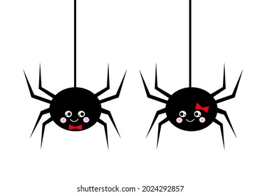 Cute black spiders with red bows, traditional Halloween symbol, cartoon.Halloween party.Animal character element of designs to celebrate Happy Valentines Day party. Vector illustration.