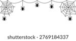 Cute black spiders and stylized spiderwebs are suspended from a string isolated on transparent background