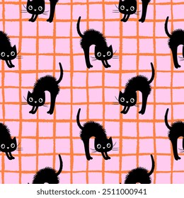 Cute Black Spooky Cats with Arched Backs and Checks Seamless Vector Pattern, Halloween Background in Orange and Pink Colors