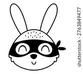 Cute Black Superhero Rabbit Face Doodle. Cartoon Super Hero Bunny Clipart. Children Hand Drawn Vector Graphic.