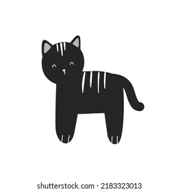 Cute black tabby cat lies, fluffy cat vector illustration in flat style for stickers, fabric, textile, nursery