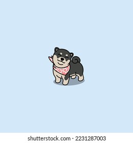 Cute black and tan shiba inu puppy with bandana cartoon, vector illustration