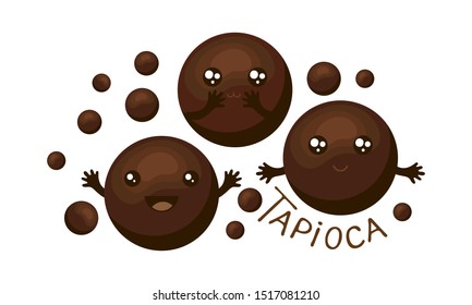 Cute black Tapioca pearls in vector. Ball tapioca or boba. Ingredient for Bubble tea, Boba tea, milk tea, Taiwanese drink. Asian product. Vector illustration  In cartoon simple flat style.