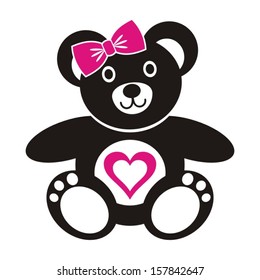 Cute black teddy bear girl icon with heart on a white background