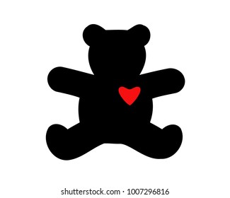 Cute black teddy bear icon with red heart isolated on white background