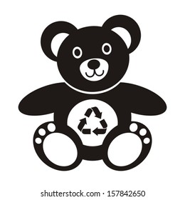 Lindo icono de oso de peluche negro con símbolo de reciclaje sobre un fondo blanco