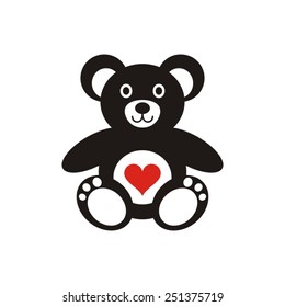 Cute black teddy bear icon with heart isolated