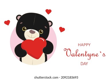 Cute black Teddy Bear with lred heart. Happy Valentine's Day greeting card. Animal cartoon character in love holidays.