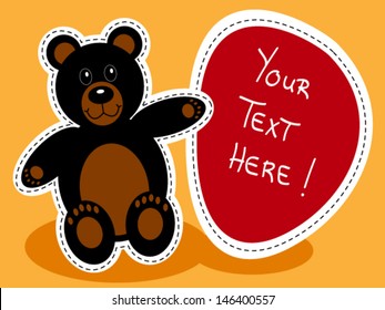 Cute black teddy bear with red sign over orange background