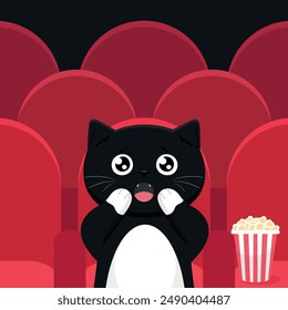 Lindo gato negro de esmoquin en el cine. Gato viendo una película en la sala de cine con Vacantes rojas y foco. Lindo personaje de dibujos animados. Ilustración vectorial