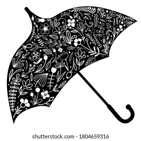 Cute black umbrells with floral design. Hand drawn stock vector illustration.