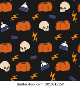 Patrón de cosecha negra con rayo de garrapatas, poción, calabaza, calavera, halloween, magia. El fondo es impecable. Textiles para niños. Libro de recortes de papel minimalista para niños.