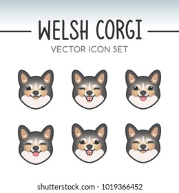 Cute black Welsh Corgi Pembroke dog breed vector icon sticker set inspired by kawaii Japanese anime style. Corgi puppy face with various emotions. Emoticon, emoji or mask template. Expanded lines.