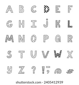 Cute black and white alphabet set with memphis decoration and hand drawn outline. Patterned bold doodle font with comma, dash, hashtag. Funny latin ABC with uppercase letter, punctuation marks.