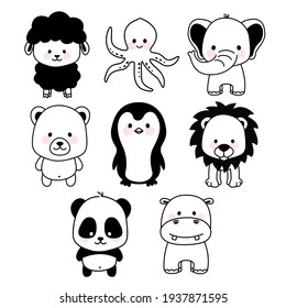 Cute black and white animals set icon