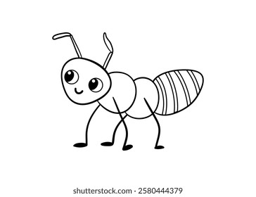 Cute black and white ant on a white background. Vector illustration with insect in cartoon style. Children's coloring book.