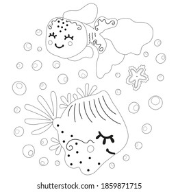 Cute black and white baby illustration of two cheerful smiling floating fish, bubbles and starfish. Outline isolated cartoon magical underwater world. Children's design for coloring page. Vector.