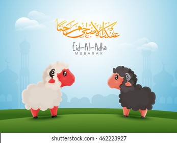 Cute black and white Baby Sheeps in front of Mosque with Arabic Islamic Calligraphy Text Eid-Al-Adha Mubarak for Muslim Community, Festival of Sacrifice Celebration.