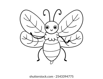 Cute black and white bee on a white background. Vector illustration with insect in cartoon style. Children's coloring book.
