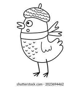 Cute black and white bird in hat and scarf. Vector autumn character isolated on white background. Fall season woodland animal line icon.  Funny forest or Thanksgiving Day outline illustration.
