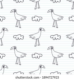 Cute black white bird scribble kids doodle background. Hand drawn whimsical motif seamless pattern. Naive simple character cartoon for minimal baby, nursery decor, neutral unisex scrap book paper