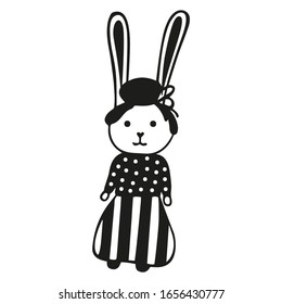 Cute black and white bunny in hand-drawn clothes. Rabbit girl in scandinavian style. Happy easter! Cute kid character. Isolated hare. For the design of the nursery. Vector.