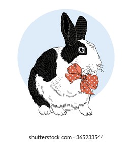 cute black and white bunny with red bow, animal illustration