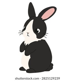 Cute black and white bunny standing on hind legs isolated on white background. Cartoon rabbit character with pink inner ears, whiskers, and fluffy tail. Vector graphic for Easter and baby nursery decor.