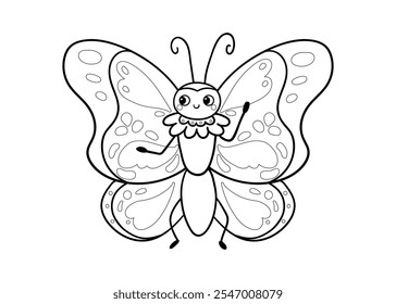 Cute black and white butterfly on a white background. Vector illustration with insect in cartoon style. Children's coloring book.