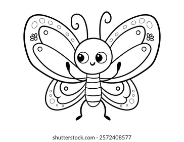 Cute black and white butterfly on a white background. Children's coloring book. Vector illustration with insect in cartoon style.